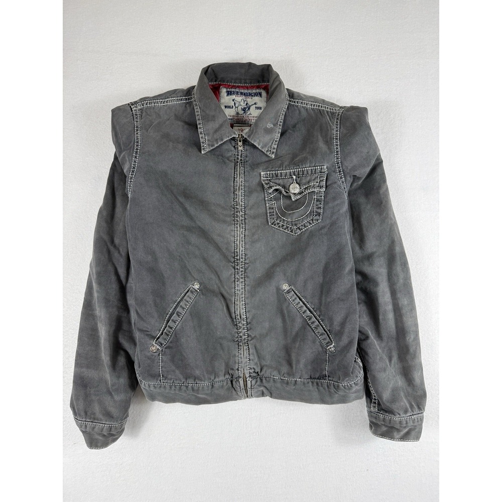 Vintage True Religion Mens Canvas Full Zip Cargo Work Jacket Washed Grey Size M